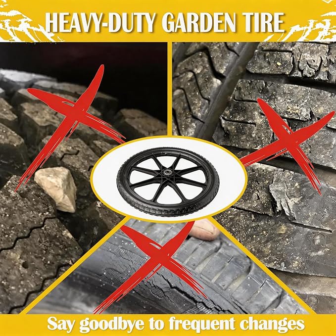 20'' Flat-Free Tire and Wheel, 250LB Capacity Each, Compatible with R ubbermaid Wheelbarrow, Includes 3/4'' & 5/8'' Bearings, 2.5'' Hub, for Garden Cart, Big Wheel Utility Carts, 2 Pack