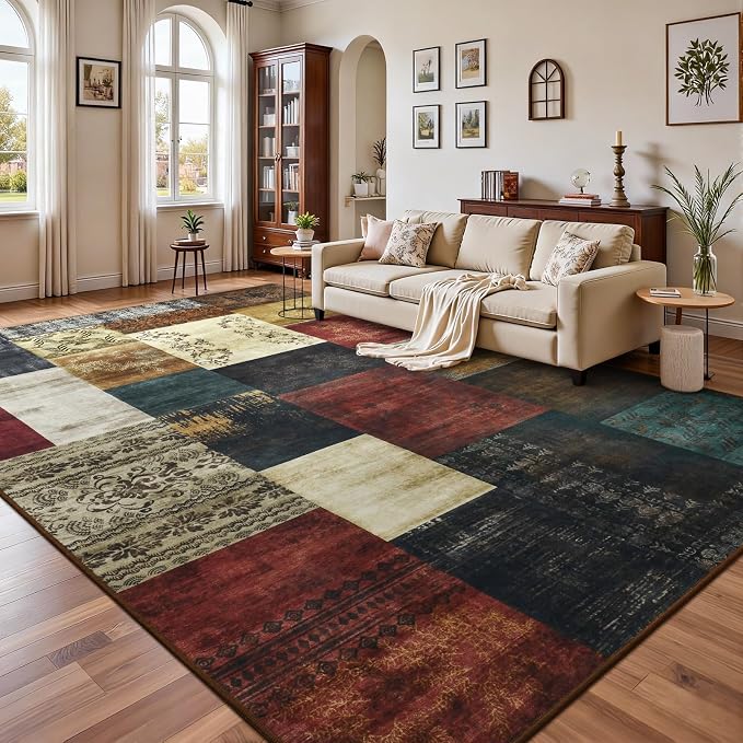 Washable Area Rugs 4x6 for Living Room, Modern Geometric Colorful Soft Patchwork Carpet, Non-Slip Stain Resistant Throw Rug for Bedroom Dining Room Office Home Decor