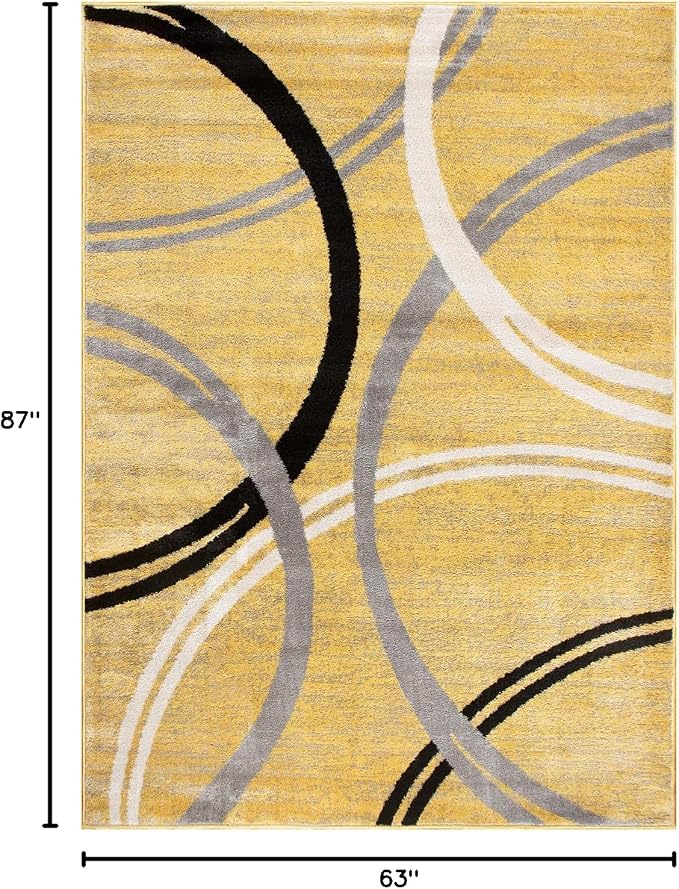 Rugshop Wavy Circles Jute Backing Living Room Area Rug Yellow 5'3" x 7'3" | Rectangular, Size 5'3" x 7'3", Bedroom, Dining Room, Home Office, Kitchen, Entryway, Hallway, Nursery, Kids Room, Guest Room
