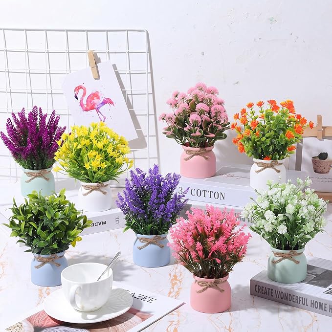 Cindeer 8 Pcs Small Artificial Potted Flowers Fake Potted Plants Plastic Faux Flowers for Home Decor Indoor Artificial Plants in Pots for Wedding Home Desk Tabletop Outdoor Office Kitchen