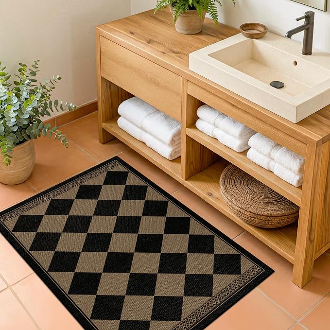 2x3 Elegant Farmhouse Checkered Kitchen Rug, Easy Jute Style Front Door Mat, Non-Slip Washable Soft Area Rug, Non-Shedding Low Pile Carpet for Entryway, Kitchen Sink, Porch & Doorway, Brown & Black