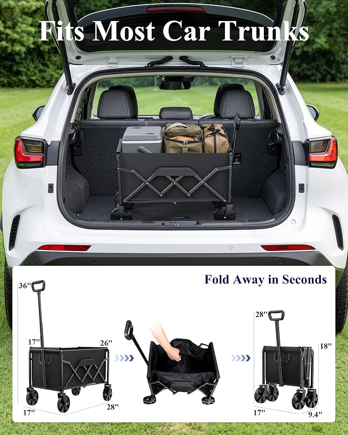 Kitsure Collapsible Wagon with Wheels, Foldable Dog Wagon Carts with 200lbs Load Capacity, Utility Shopping Cart, Black, 28.0" x 17.0" x 36.0"