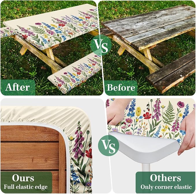 Picnic Table Cover with Bench Covers Elastic Edges, Cottagecore Camper Fitted Table Cover, Outdoor Camping Essentials 72 Inch 3PCS, Waterproof Camping Fitted Tablecloth with Drawstring Bag