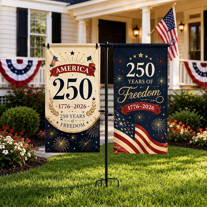 Garden Flag Stand Holder w/4-Prong Base, 3/4 Inch Extra Thick Heavy Duty Yard Flag Holder for Double Small Flags 12x18, Garden Flag Pole for Outside Patio Decor