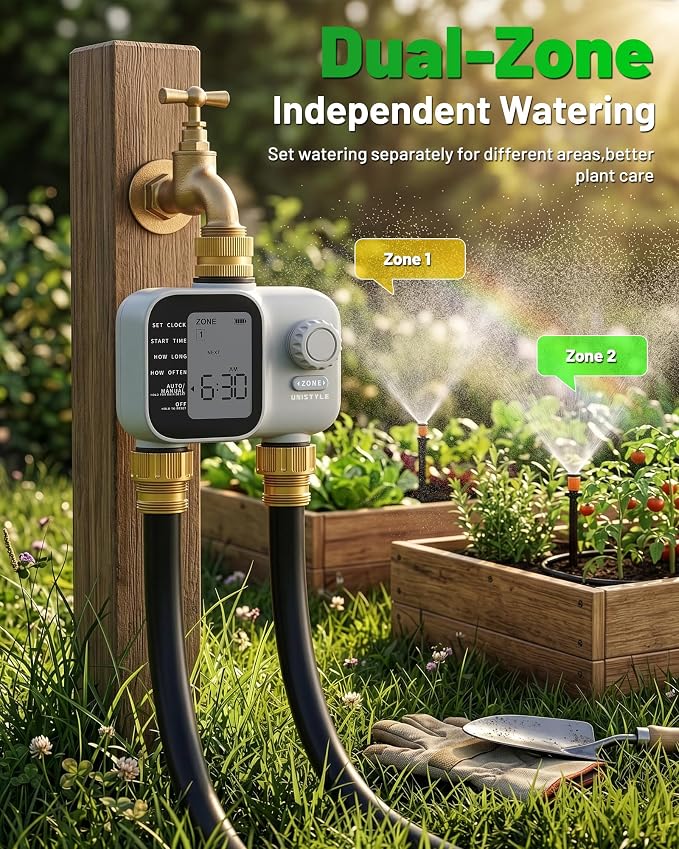 [2026 Upgrade] 2 Zone Sprinkler Timer with Brass Inlets & Outlets, Unistyle Programmable Water Timer for Garden Hose, IP55 Waterproof Hose Timers with Manual Irrigation Timers for Yard and Lawn Patio