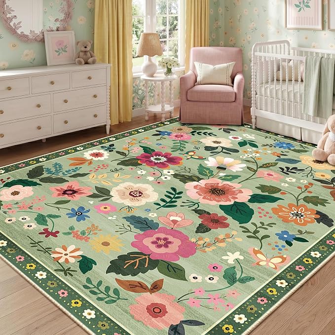 RELEANY Floral Washable 8x10 Area Rugs LightGreen | Flower Carpet, Print, Boho, Non-Slip, Easy to Clean, Soft, Low Pile for Living Room Bedroom Kitchen Office Entryway Hallway