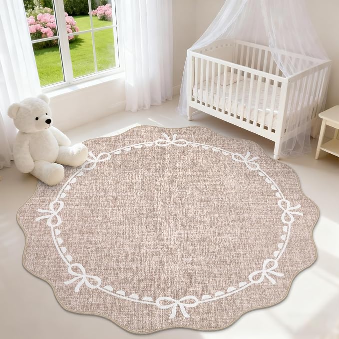 GarveeHome 5ft Round Rugs Washable Scalloped Bow Rug for Bedroom, Camel | Non Slip Soft Low Pile Ultra-Thin Stain Resistant Indoor Carpet for Living Room Nursery Girls Dorm Decor Kids Room Playroom