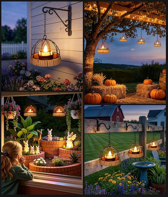 KOOPER Hanging Solar Lanterns Outdoor Waterproof, 4 Pack Flickering Solar Powered Tea Lights, Rust Iron Ball Candle Holder Hanging Solar Lights for Backyard Garden Patio Yard Fence Tree Decoration