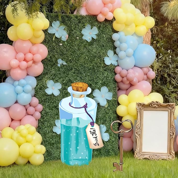 Preboun Wonderland Tea Party Decor Outdoor Down The Rabbit Hole Garden Decor Yard Sign Vintage Gold Oval Tea Party Decoration for Wonderland Birthday Baby Shower Lawn Garden(Blue Medicine Bottle)