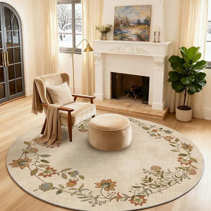Washable Bedroom Round Rug 4ft: Living Room Rug Stain Resistant Non Slip Low Pile Ultra Soft Faux Wool Circle Area Rugs for Bedroom Kitchen Entryway Kids Room Bathroom Entrance Nursery Dorm Office