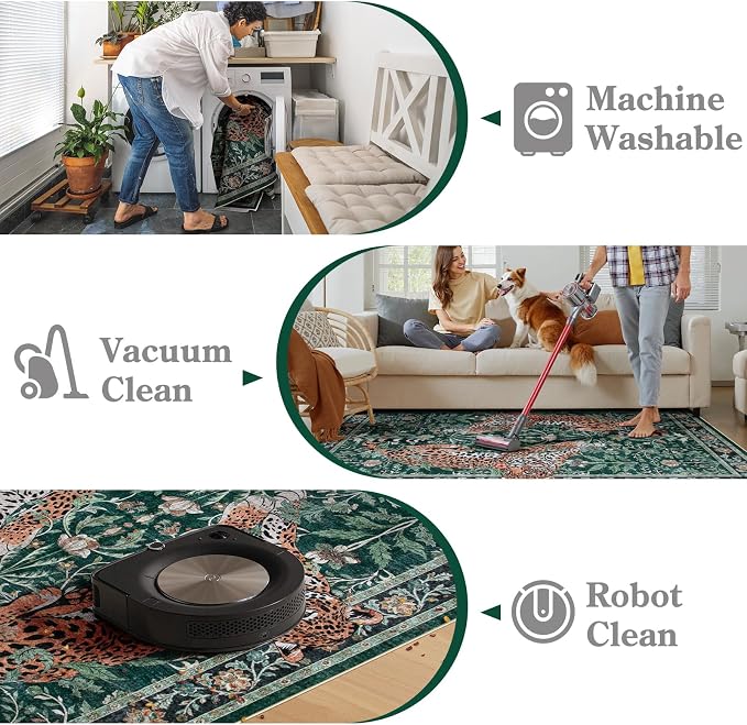 Moynesa Leopard Washable Rugs, 8x10 Area Rugs for Living Room, Soft Large Jaguar 8x10 Bedroom Rug, Non Slip Ultra Thin Floor Carpet for Dining Room Home Office, Green