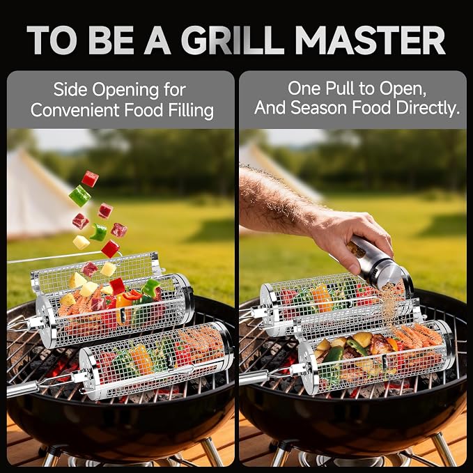 Chenovate® Heavy Duty Rolling Grill Baskets with Side-opening and Removable Handle,Grill Accessories for Veggies Shrimp Meat,Food-grade Stainless Steel,Kitchen Gadgets Fits Outdoor Cooking & Picnics,Camping Essentials,Ideal Gifts for Father's Day,Festi...