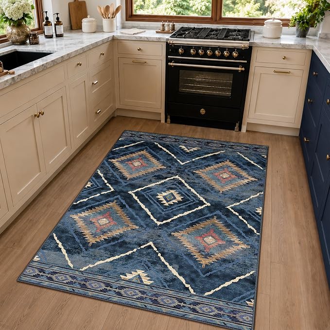 4'x6' Washable Area Rug for Living Room Bedroom Darkblue | Soft Western No Slip Low Pile Print Foldable Indoor for Kitchen Dining Room