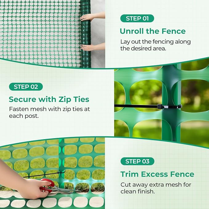 Ohuhu Plastic Garden Fence Safety Fence, 4'x100'/10.7 LB Reusable Netting Plastic Mesh Fence Roll, Temporary Fencing for Animal Barrier Construction Snow Fence Poultry Rabbits Chicken Dogs Deer Green