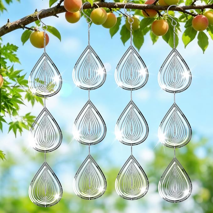 Stainless Steel Bird Deterrents for Outside, Reflective Wind Spinners | Reflective Stainless Steel Bird Scare Discs with 360° Swivel Hooks, 3D Hanging Bird Repellent for Garden, Patio, Balcony
