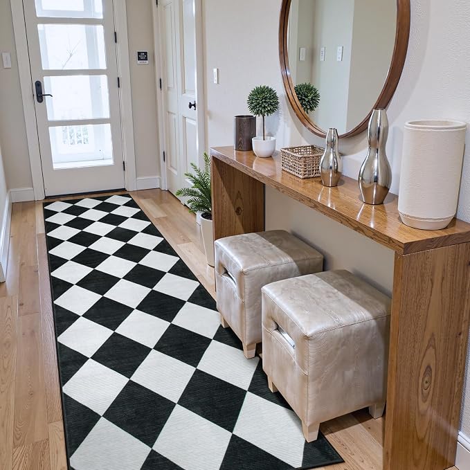 Beeiva Checkered Print Runners for Hallways 2.5x8, Ultra Thin Black Kitchen Runners Non Skid Washable 8 ft, Modern Diamond Stain Resistant Low Pile Carpet for Bathroom Entryway Bedroom Laundry