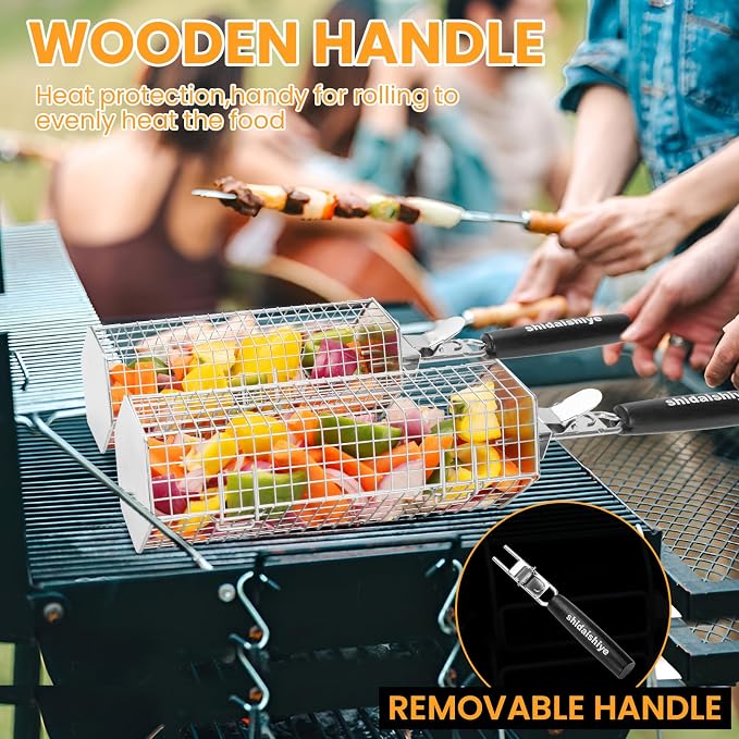 2 Pack Rolling Grill Basket, Hexagonal BBQ Grill Baskets with Removable Wooden Handle, 304 Stainless Steel, Nesting Grilling Net, BBQ Accessories Tools for Vegetables, Meat & Seafood, Gift for Dad or Husband