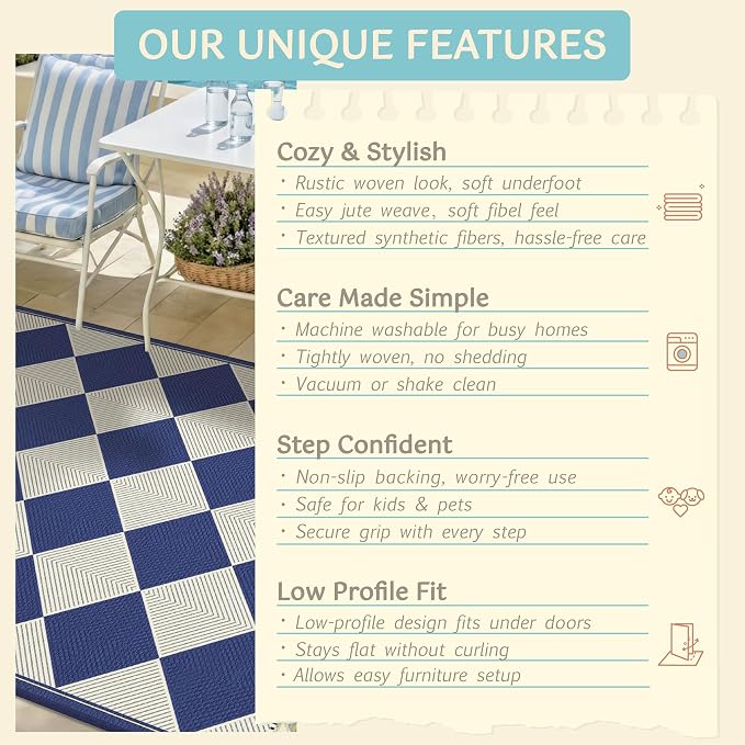 Boho Coastal Navy Blue 4x6 Indoor Outdoor Patio Porch Rug, Diamond Checkered Washable Non Slip Easy Jute Accent Rug, Modern Minimalist Entryway Floor Mat, Large Kitchen Balcony Rugs
