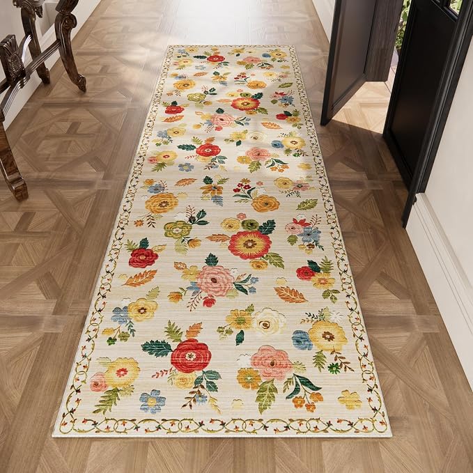 2x6 Hallway Washable Runner Rug: Vintage Kitchen Rug Runner with Non Slip Backing Low Pile Soft Faux Wool Non Shedding Distressed Carpet Runners for Entryway Living Room Bedroom Bathroom Farmhouse