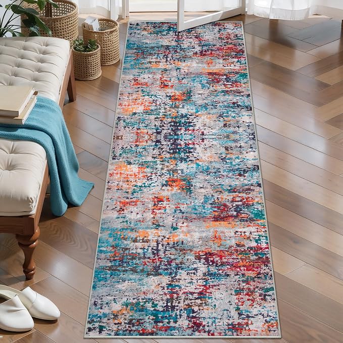 Tangsoo 2x5 Washable Runner Rug, Abstract Non Slip Runner Rug for Hallway | Modern Contemporary Indoor Soft Low Pile Print Carpet Runners for Hallway Kitchen Bedroom Bathroom Gray Multi Home Decor
