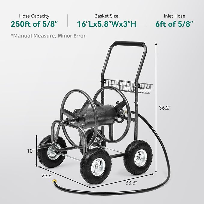 Hose Reel Cart, Holds 250 ft of 5/8" Hose, Heavy Duty Industrial Garden Water Hose Reel with 4 Wheels, Storage Basket, Powder-Coated Steel Frame for Lawn, Yard, Garden, Outdoor