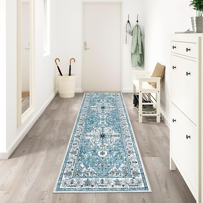 U'Artlines 2' x 6' Boho Hallway Runner Rug, Washable Carpet, Teal | Non Slip, Vintage Farmhouse Accent Area Rug Carpet, for Kitchen Entryway Laundry and Living Room
