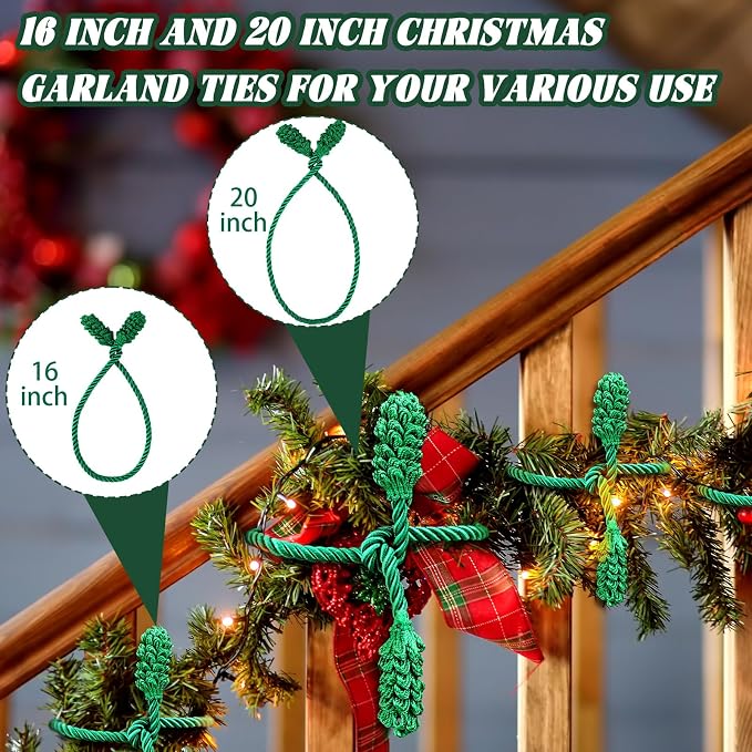 Riakrum 10 Pcs Christmas 20 Inches and 16 Inches Set Decorative Garland Twist Ties Garland Decor for Xmas Holiday Lights Bannisters Stairways Railings (Green)