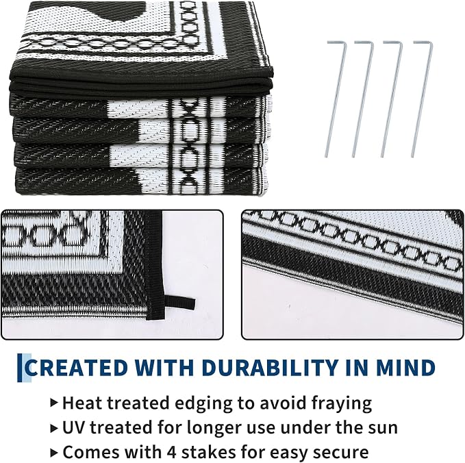 Garvee Outdoor Rug 5x8 Scalloped Waterproof Patio RV Outdoor Rugs Reversible Foldable Plastic Straw Rug Modern Camping Carpet for Deck Camper Porch Balcony Backyard Picnic Beach Black and White