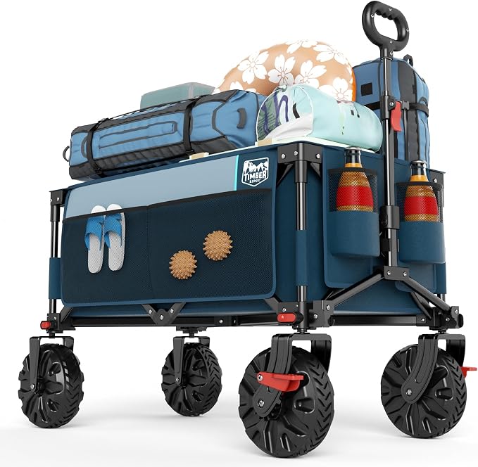 Timber Ridge Collapsible Wagon with Brakes Utility Folding Cart Heavy Duty All Terrain Wheels for Outdoor Shopping Camping Sports Garden with Side Bag and Cup Holders, Blue