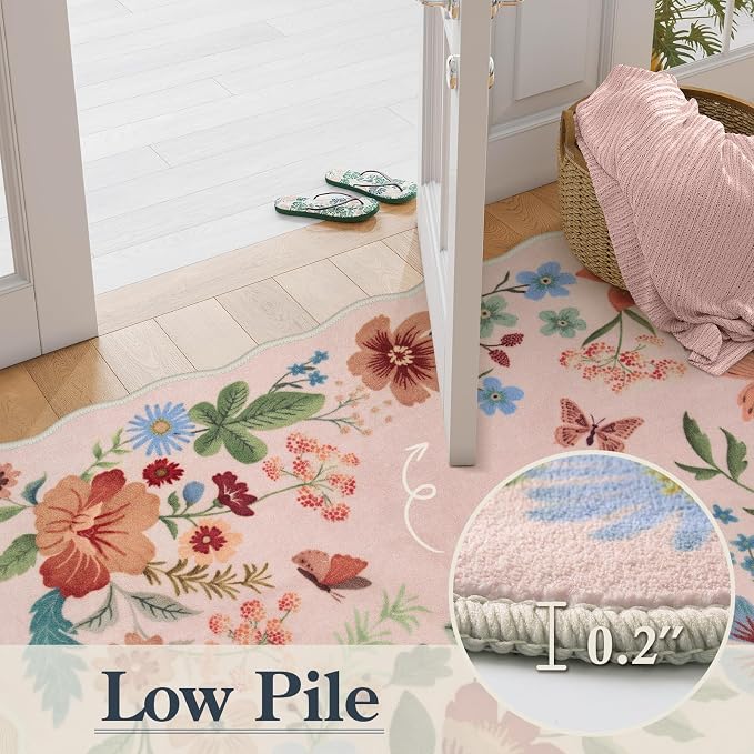 Lahome Floral Kitchen Runner, 2X6 Washable Runner Rug Non-Slip | Ultra-Thin Soft Hallway Rug Stain Resistant Boho Carpet for Bedroom Laundry Bathroom Flore, Light Pink