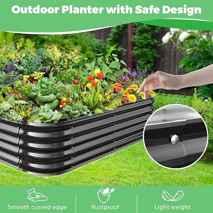 Black Painted Galvanized Raised Garden Bed, Garden Planter Bed Outdoor, Heavy Duty Rustproof Steel Raised Bed Kit for Gardening Vegetables Fruits Flowers Grow (Black, 4x4x1.5ft)