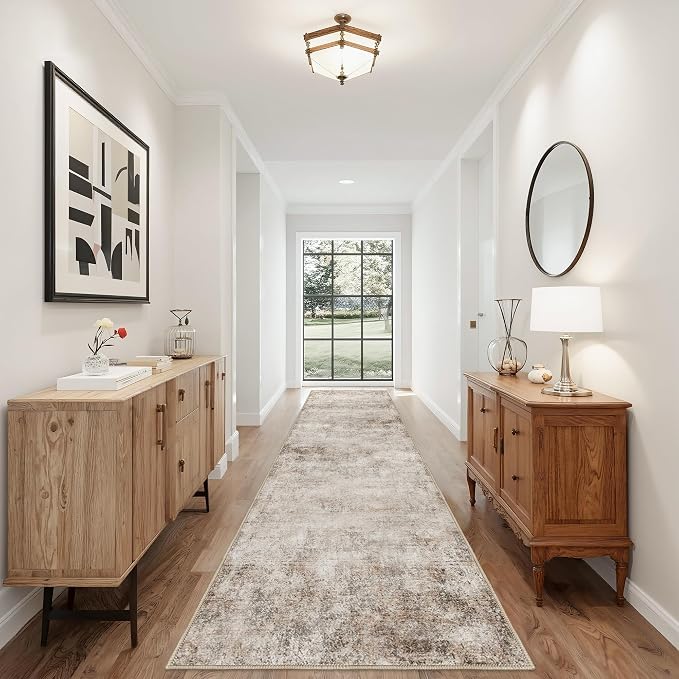 Abstract Beige Runner Rugs for Hallway: Washable Runner Rug 2x10 for Kitchen Entryway Bathroom Bedroom Indoor - Easy Clean Soft Thin Floor Mat - Modern Neutral Decor Throw Carpet