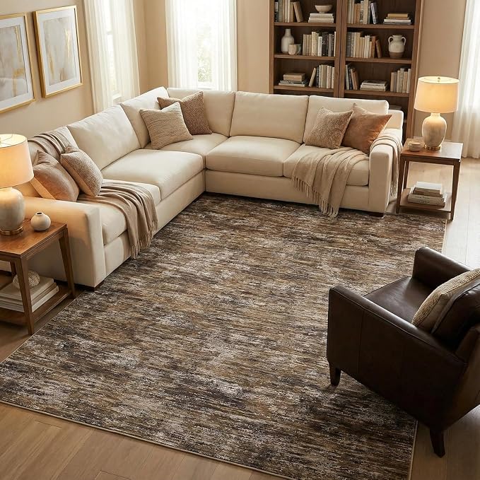GarveeHome Bedroom Rugs 9x12 Washable Rug Modern Solid Color Area Rug, Non Slip Non Shedding Floor Covering Stain Resistant Low Pile Foldable Thin Mats for Living Room, Dining Room, Office, Brown