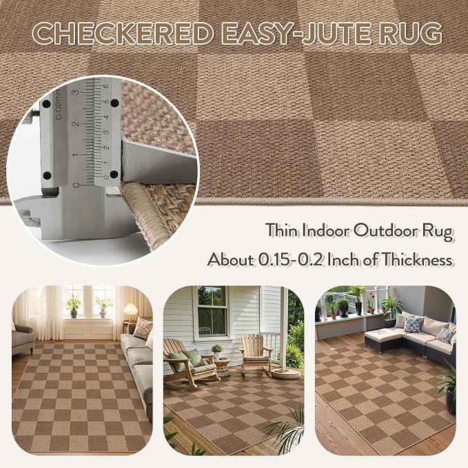 Lahome Colette Checkered Easy Jute Living Room Rugs, 5x7 Large Dining Room Office Carpet Farmhouse Washable Area Rug, Checkerboard Neutral Non Slip Indoor Outdoor Carpet for Bedroom Entry Patio