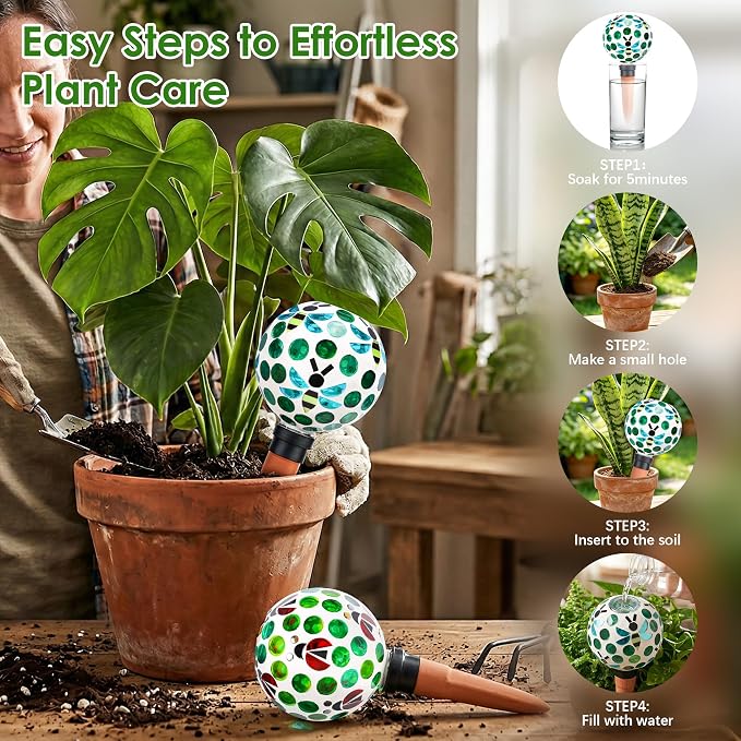 Terracotta Plant Watering Globes Mosaic Self Watering Spikes 2 Pack for Indoor Outdoor Plants Automatic Plant Waterer Plant Watering Devices for Garden Home Decor, Green