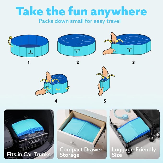 Sloosh Foldable Dog Kiddie Pool - Portable Hard Plastic Doggie Swimming Pool, Anti-Slip Collapsible Pets Bath Tub Suitable for Kids Indoor Outdoor Backyard Use (Blue, 32" x 8")