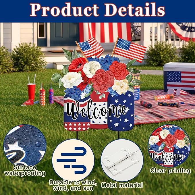 MorningRo Patriotic 4th of July Yard Sign American Flag Outdoor Decor 26" Patriotic Welcome Yard Outdoor Decor 250th Anniversary Flag Floral Vase Decorative Lawn Sign for Outside Garden Lawn Patio