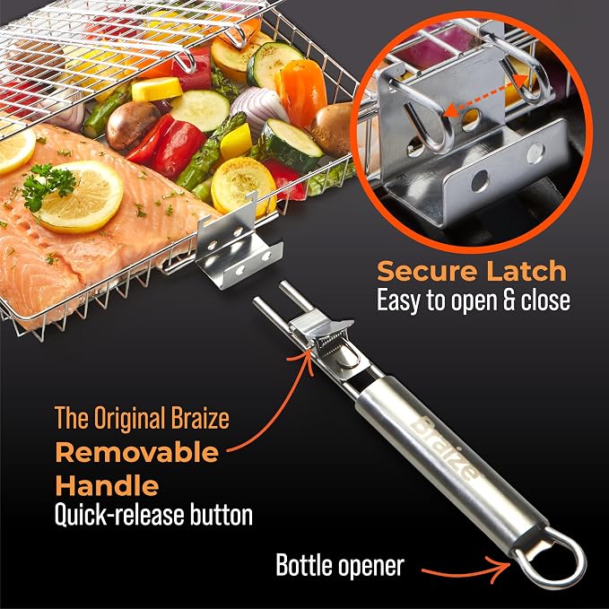 Stainless Steel Large Grill Basket with Easy Open/Close Lid and Removable Handle - 12.25 x 9.5 x 1.5 Inches - Includes Carry/Storage Bag