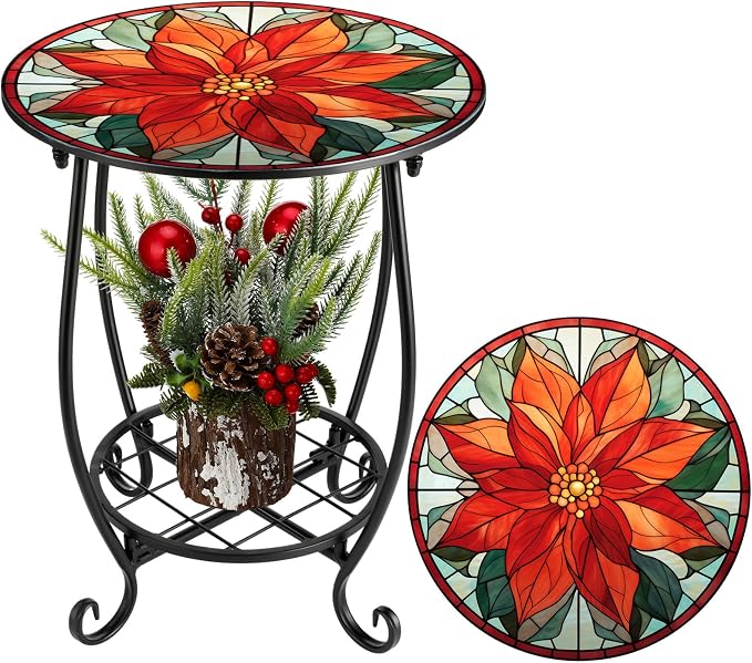 Cinnvoice Outdoor Side Table Round Small Mosaic Patio Accent Indoor End Plant Coffee Tea Table for Yard Patio Porch Garden Living Room, Bedroom(Poinsettia,14 Inch)