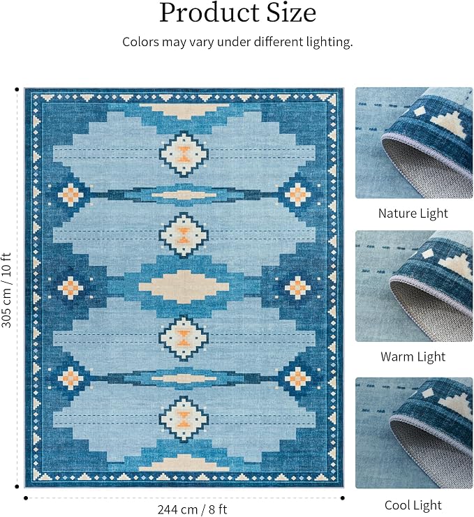 8'x10' Washable Large Area Rug for Living Room, Blue Mid Century Modern Rug | Soft, Non-Slip, Coastal Aztec Geometric Design, for Bedroom Dining Nursery Room Playroom, Low Pile, Pet Friendly