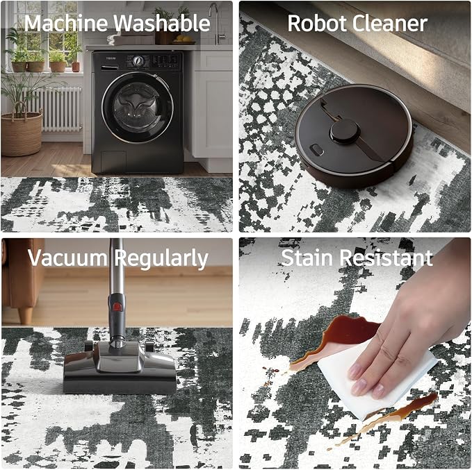 DCX Washable Abstract Area Rug 6x9, Non Slip Low Pile Rug, Black | Easy to clean, non-shedding, soft, kid & pet friendly, with a non-slip rubber backing for living rooms, bedrooms, and offices
