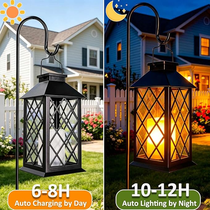14" Large Solar Lanterns Outdoor Waterproof, Tempered Glass, Hanging Solar Lights with Flickering Flameless Candles, Retro Solar Lantern for Wall Porch Patio Table Garden Decorations, Black