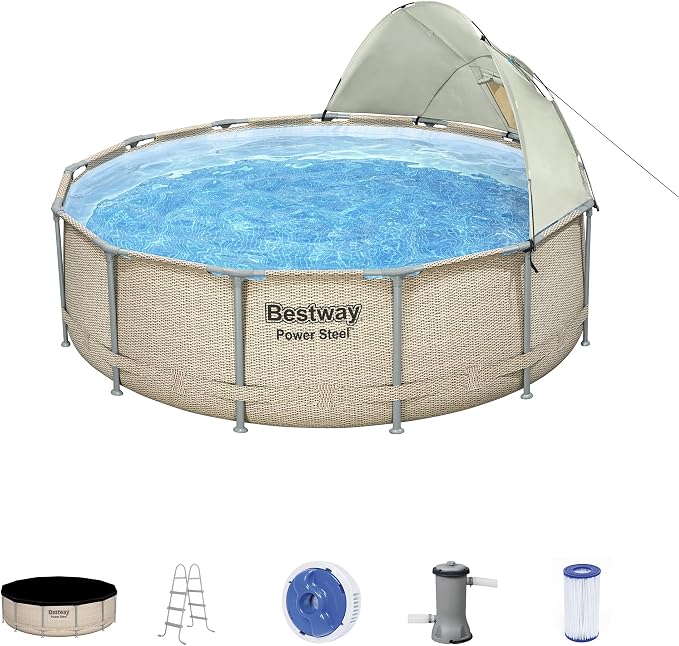 Bestway Power Steel 13' x 42" Round Above Ground Outdoor Swimming Pool Set with Shaded Canopy, 530 Gallon Filter Pump, Ladder, and Pool Cover