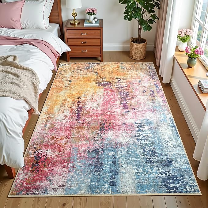 4x6 Colorful Washable Area Rug for Living Room Bedroom, Modern Abstract Non-Slip Rugs, Low Pile Soft Stain Resistant Carpet for Dining Room, Kitchen, Office, Dorm, Bedside Decor