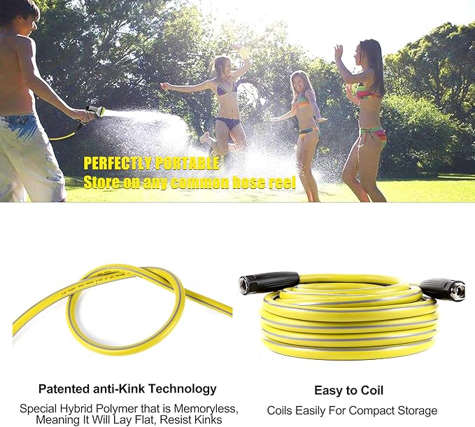 Garden Hose 50 ft Heavy Duty-Water Hose with 9 Way Spray Nozzle and Flexible 4 Layers Hybrid-3/4’’ Nickel Plated Brass Fittings-5/8’’ Inner Core-Lead-Free Outdoor Durable Lightweight Pipe Set