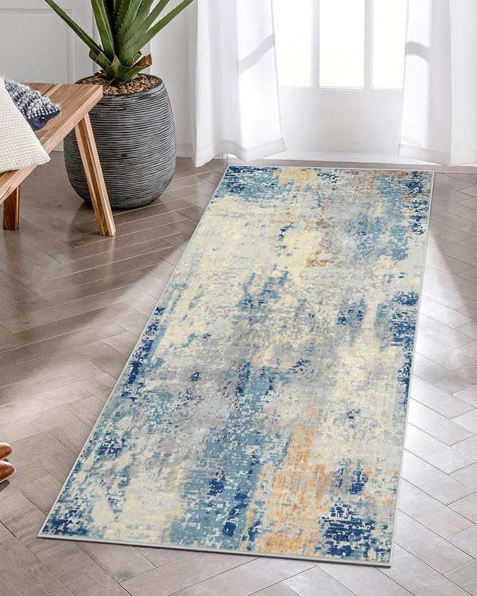 Lahome 2x4 Washable Hallway Runner Rug, Non Slip Runner Rug, Easy Clean Soft Stain Resistant Carpet for Entrance, Front Door, Door-Friendly Mat with Low Pile, 2 x 4 Blue/Ivory