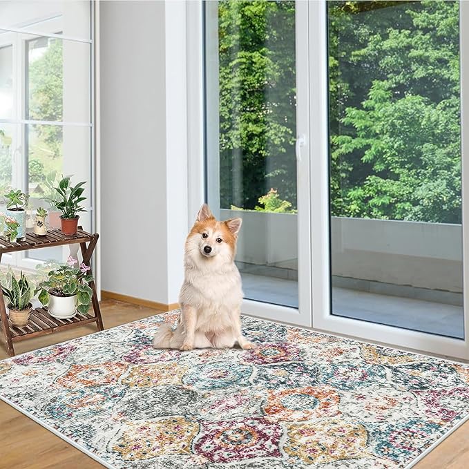 Lahome Moroccan Small Washable Area Rug, 3x5 Rug for Bedroom Living Room | Trellis Non-Slip Oriental Accent Throw Carpet for Kitchen Office Entryway Bathroom Office Elise Aqua/Multi