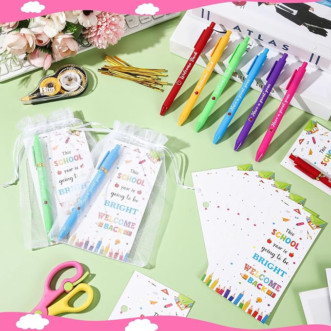 Marspark 30 Set Welcome Back to School Gifts Bulk Ballpoint Pens and Greeting Cards Set with Bags Twist Ties Bright First Day of School Gifts for Teacher Student Classroom Party Favors Supplies