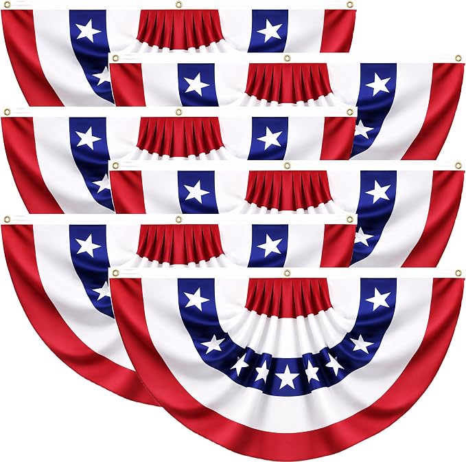 6 Pack USA Pleated Fan Flags - 1.5x3FT American Flag Bunting for Outside, Red White Blue Bunting Banner with Brass Grommets, Patriotic Porch Decor for Independence Day, July 4th, Memorial Day