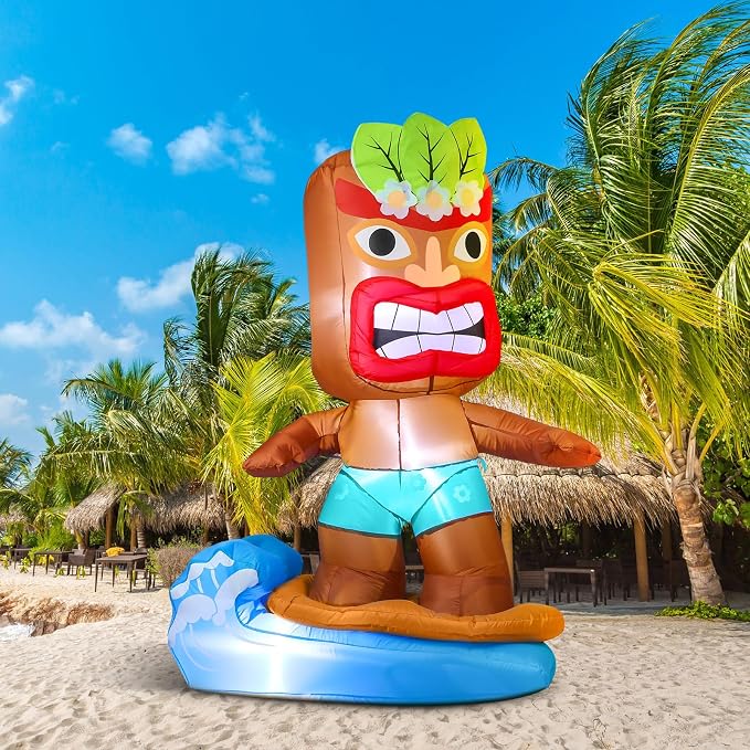 Shappy 5 Ft Inflatable Surfboard Lighted Blow up Tiki Hawaiian Party Decor | Luau Tropical Inflatables Giant Outdoor LED Tiki Blow up Aloha Bar Beach Summer Pool Surfing Party Decorations